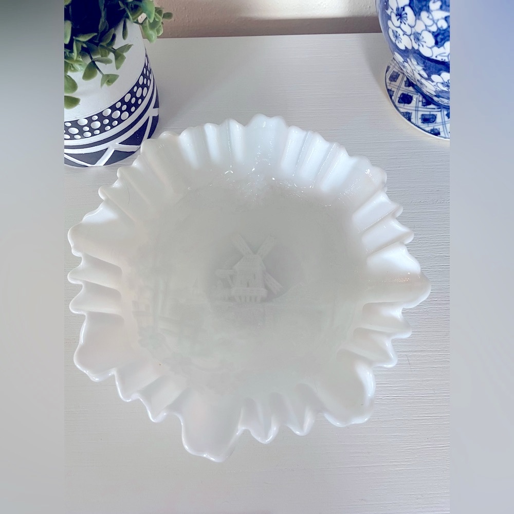Imperial Glass Milk Glass Ribbon Ruffle Windmill Collectible Bowl